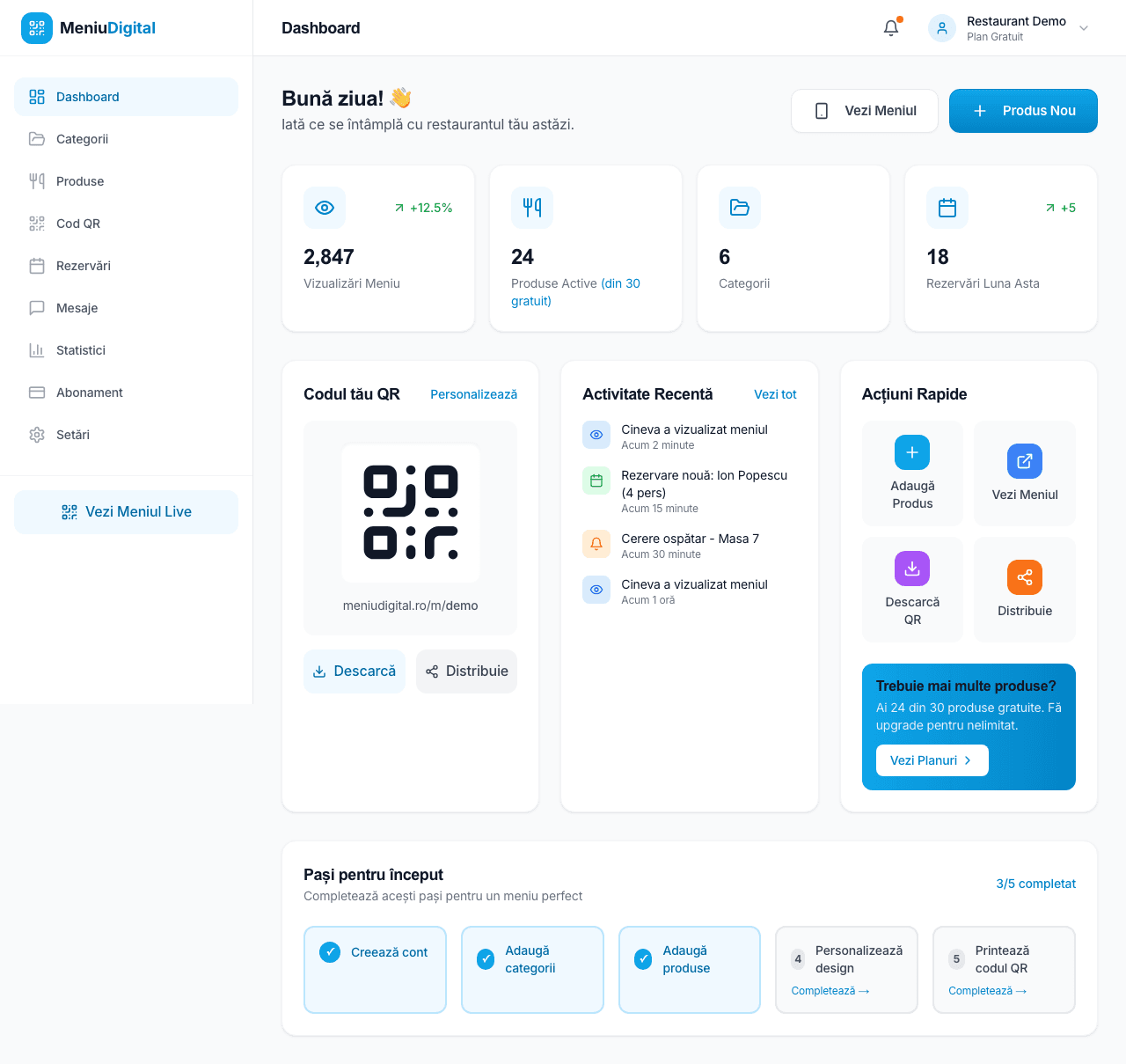 Dashboard overview — statistici, QR preview, activitate recentă