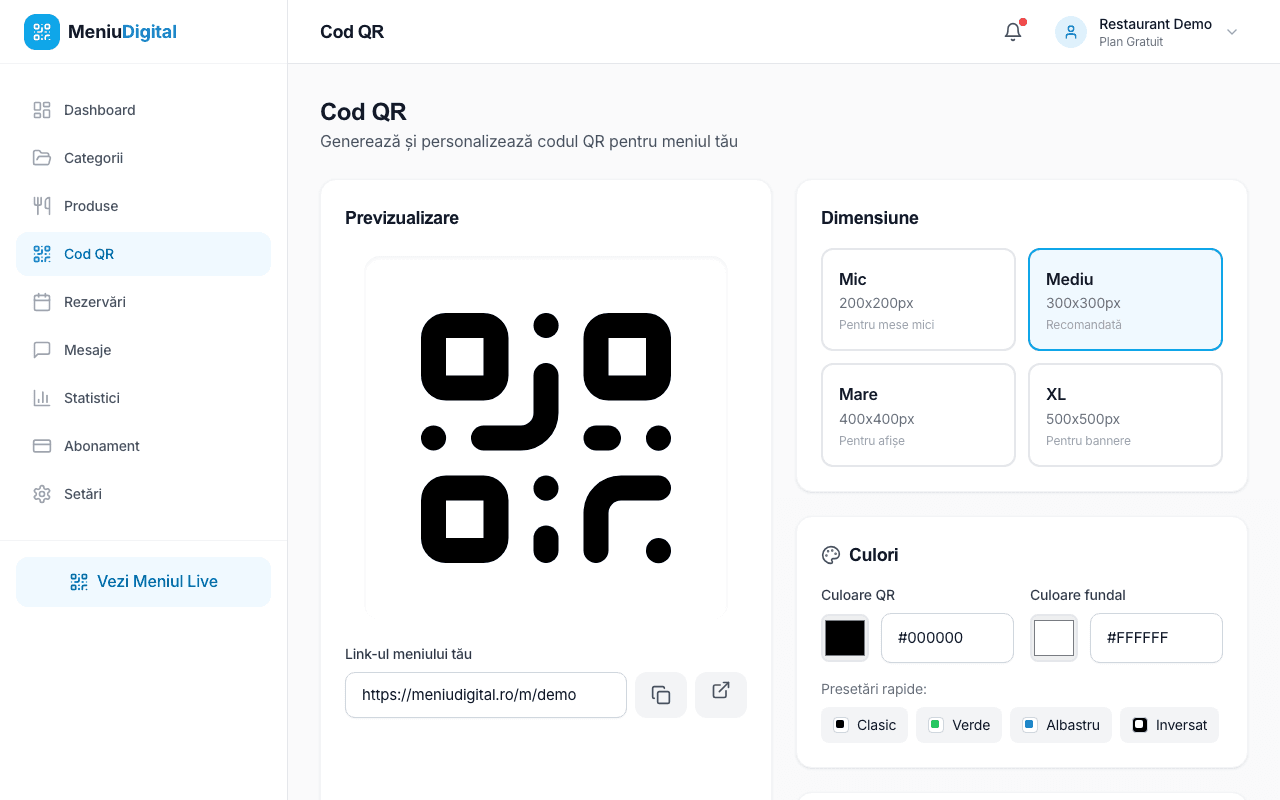 QR Code customization — culori, dimensiuni și preset-uri