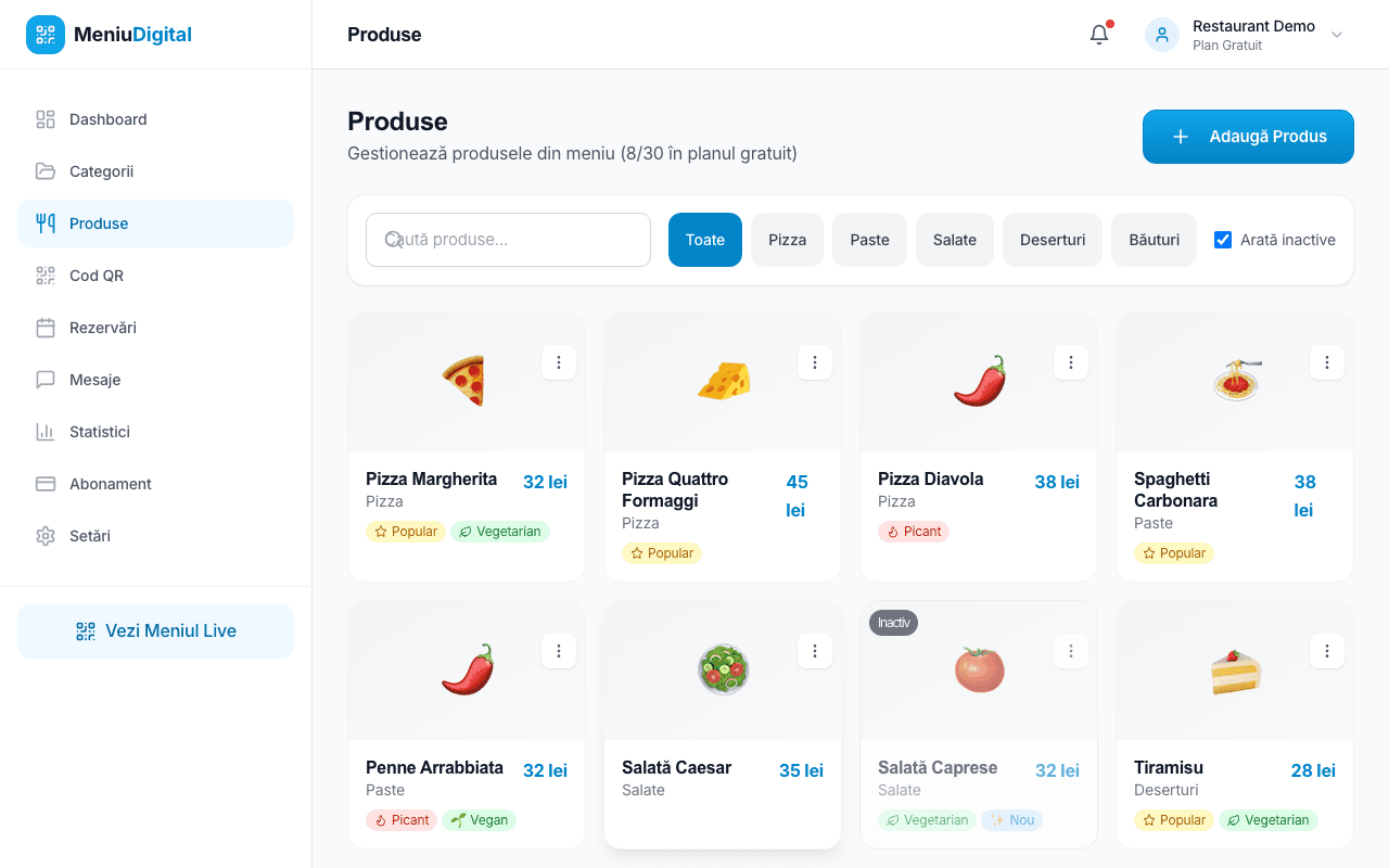 Dashboard produse: grid cu categorii, badge-uri și prețuri