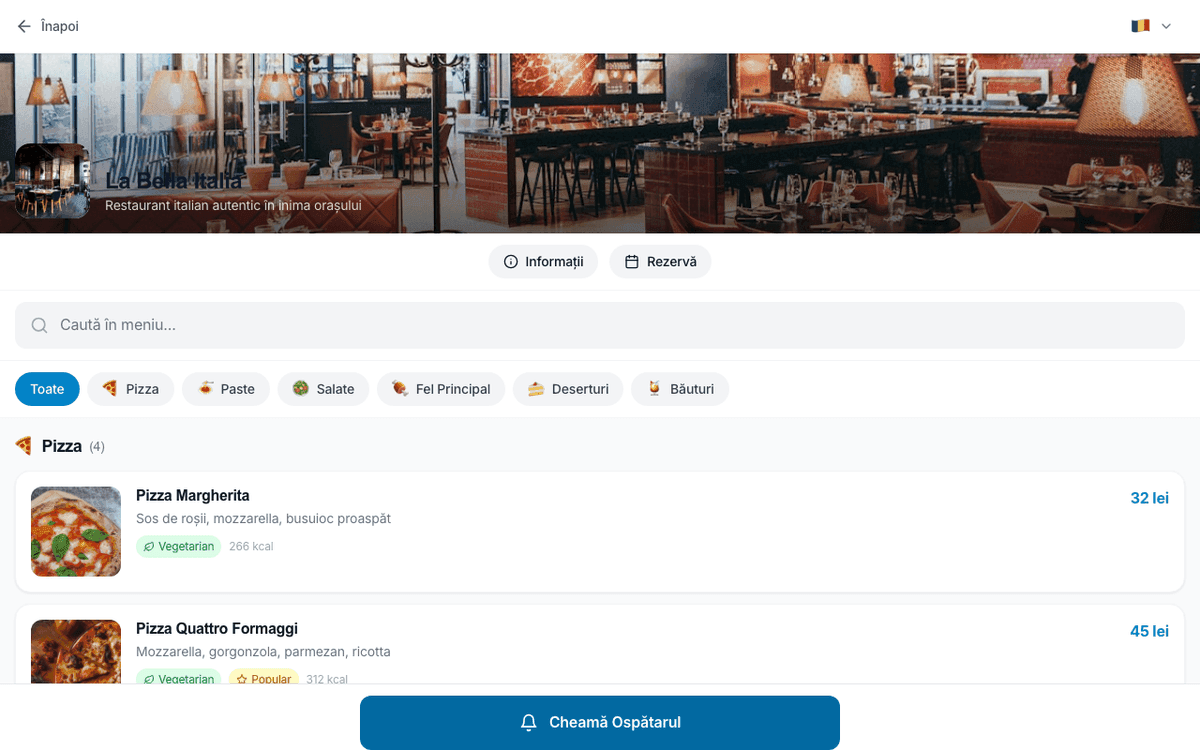 Exemplu de meniu digital public, așa cum îl vede clientul